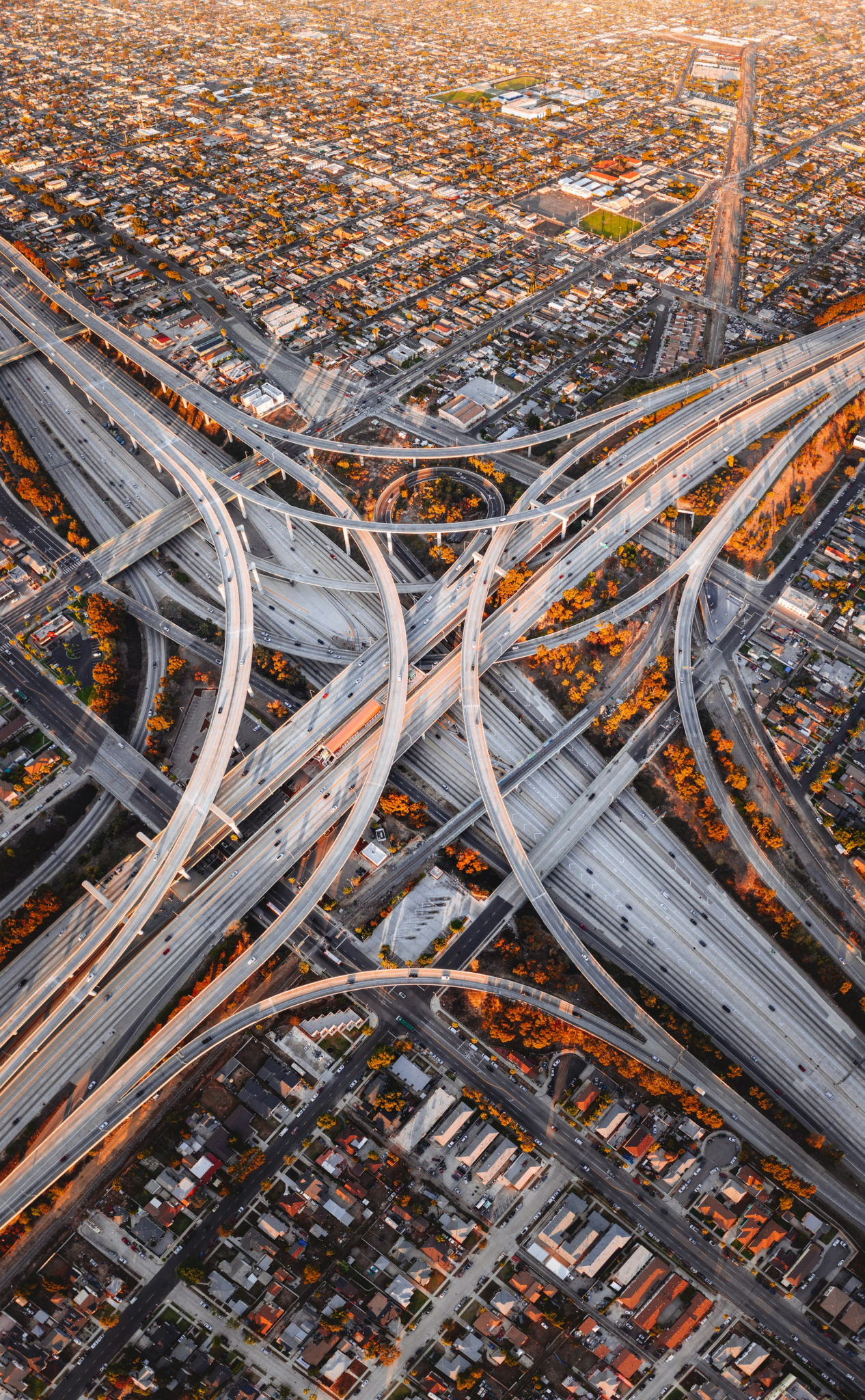 Aerial view of a Los Angeles freeway interchange